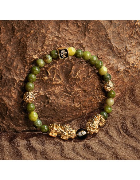 Established Resilience - Double Dragon Jade 18K Gold Plated Brass Bracelet, Evil Eye Symbol deflects negativity, Jade stones for cleansing Established Resilience - Double Dragon Jade 18K Gold Plated Brass Bracelet, Evil Eye Symbol deflects negativity, Jade stones for cleansing