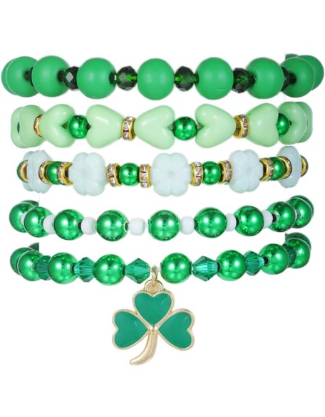 Cute Wooden Beads Bracelet Set Handmade Dwarf Hat Irish Shamrock Wooden Green Clover Strecth Bracelets Cute Wooden Beads Bracelet Set Handmade Dwarf Hat Irish Shamrock Wooden Green Clover Strecth Bracelets