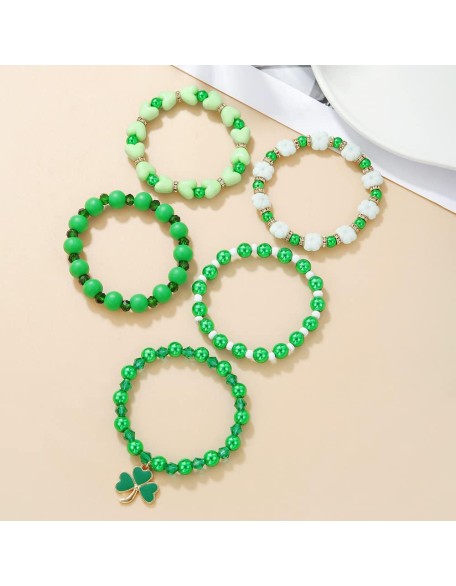 Cute Wooden Beads Bracelet Set Handmade Dwarf Hat Irish Shamrock Wooden Green Clover Strecth Bracelets Cute Wooden Beads Bracelet Set Handmade Dwarf Hat Irish Shamrock Wooden Green Clover Strecth Bracelets