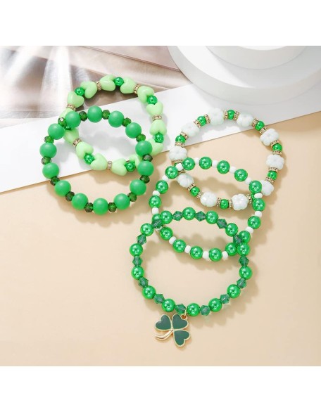 Cute Wooden Beads Bracelet Set Handmade Dwarf Hat Irish Shamrock Wooden Green Clover Strecth Bracelets Cute Wooden Beads Bracelet Set Handmade Dwarf Hat Irish Shamrock Wooden Green Clover Strecth Bracelets