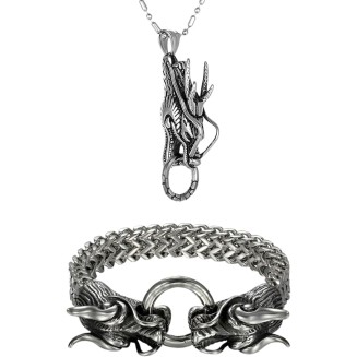2PCS Men's Stainless Steel Dragon Head Pendant Necklace Heavy Bracelet Unique Delicate Jewelry Accessories 2PCS Men's Stainless Steel Dragon Head Pendant Necklace Heavy Bracelet Unique Delicate Jewelry Accessories