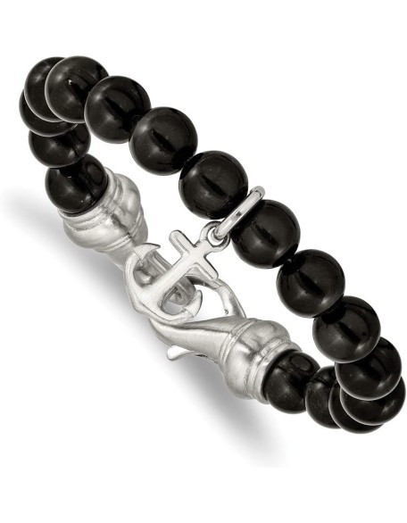 Chisel Stainless Steel Brushed Nautical Ship Mariner Anchor Black Agate Beaded Bracelet Chisel Stainless Steel Brushed Nautical Ship Mariner Anchor Black Agate Beaded Bracelet