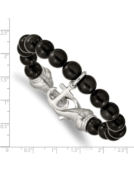 Chisel Stainless Steel Brushed Nautical Ship Mariner Anchor Black Agate Beaded Bracelet Chisel Stainless Steel Brushed Nautical Ship Mariner Anchor Black Agate Beaded Bracelet