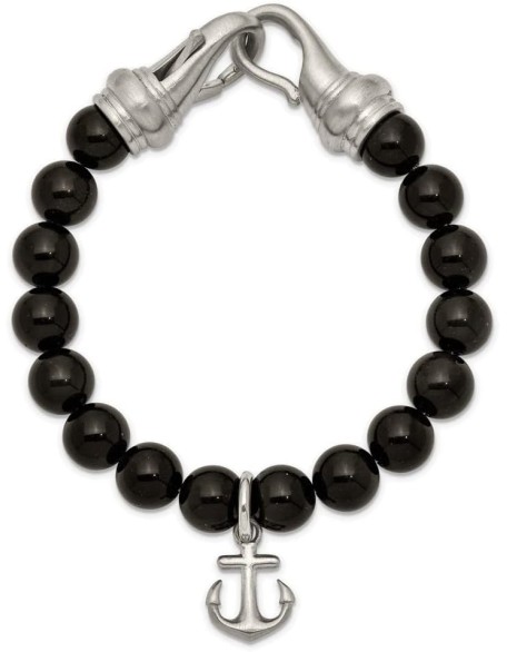 Chisel Stainless Steel Brushed Nautical Ship Mariner Anchor Black Agate Beaded Bracelet Chisel Stainless Steel Brushed Nautical Ship Mariner Anchor Black Agate Beaded Bracelet