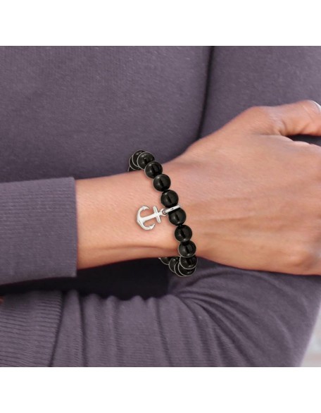 Chisel Stainless Steel Brushed Nautical Ship Mariner Anchor Black Agate Beaded Bracelet Chisel Stainless Steel Brushed Nautical Ship Mariner Anchor Black Agate Beaded Bracelet