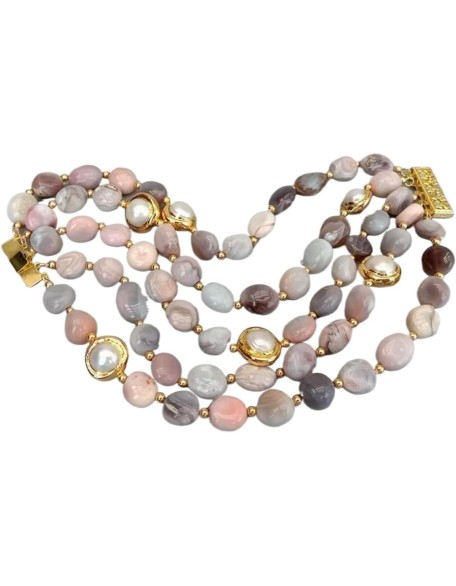 Botswana Agate Freeform White Cultured Pearl Beaded Bracelet Vintage Style Fit Botswana Agate Freeform White Cultured Pearl Beaded Bracelet Vintage Style Fit